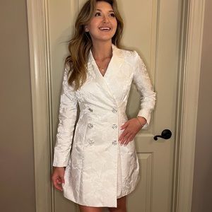 White Jacquard Patterned Blazer Dress Rhinestone Buttons Bride Bridal Holiday